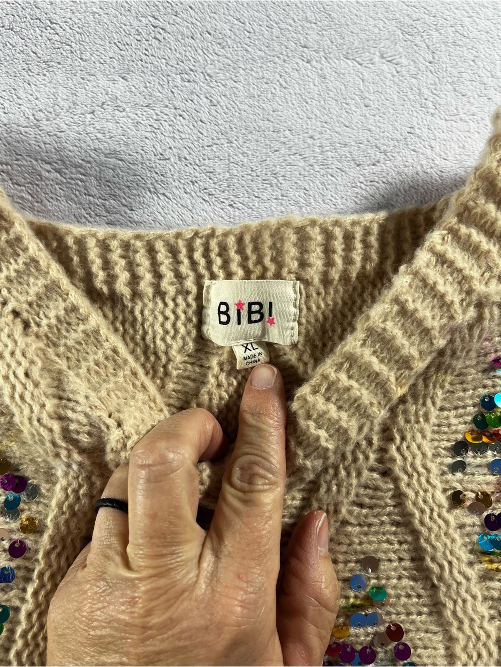 Bibi Beige Cable Knit Sweater with Multicolor Inset Multicolor Sequins Size XL - Picture 4 of 15